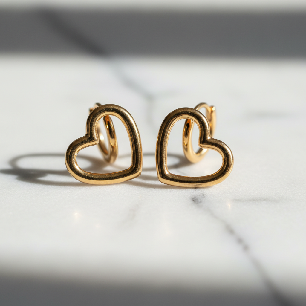 Boucles d'oreilles créoles dorées en forme de cœur sur marbre blanc