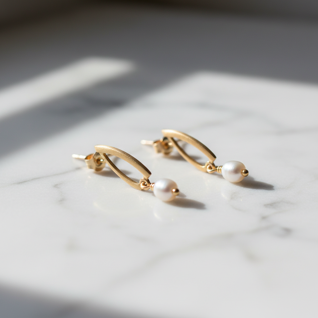 Boucles d'oreilles pendantes dorées avec mini perles d'eau douce sur marbre blanc
