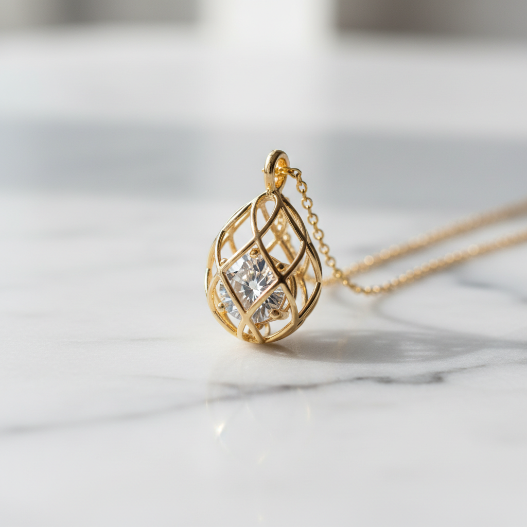 Collier cage larme doré avec zircone cubique sur marbre blanc