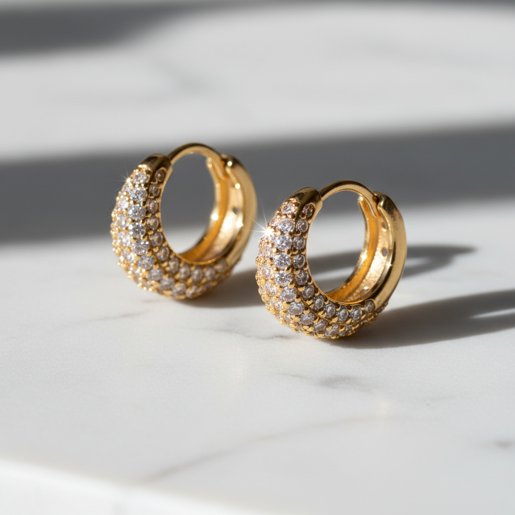 Boucles d'oreilles créoles dorées en forme de lune avec zircones cubiques sur marbre blanc